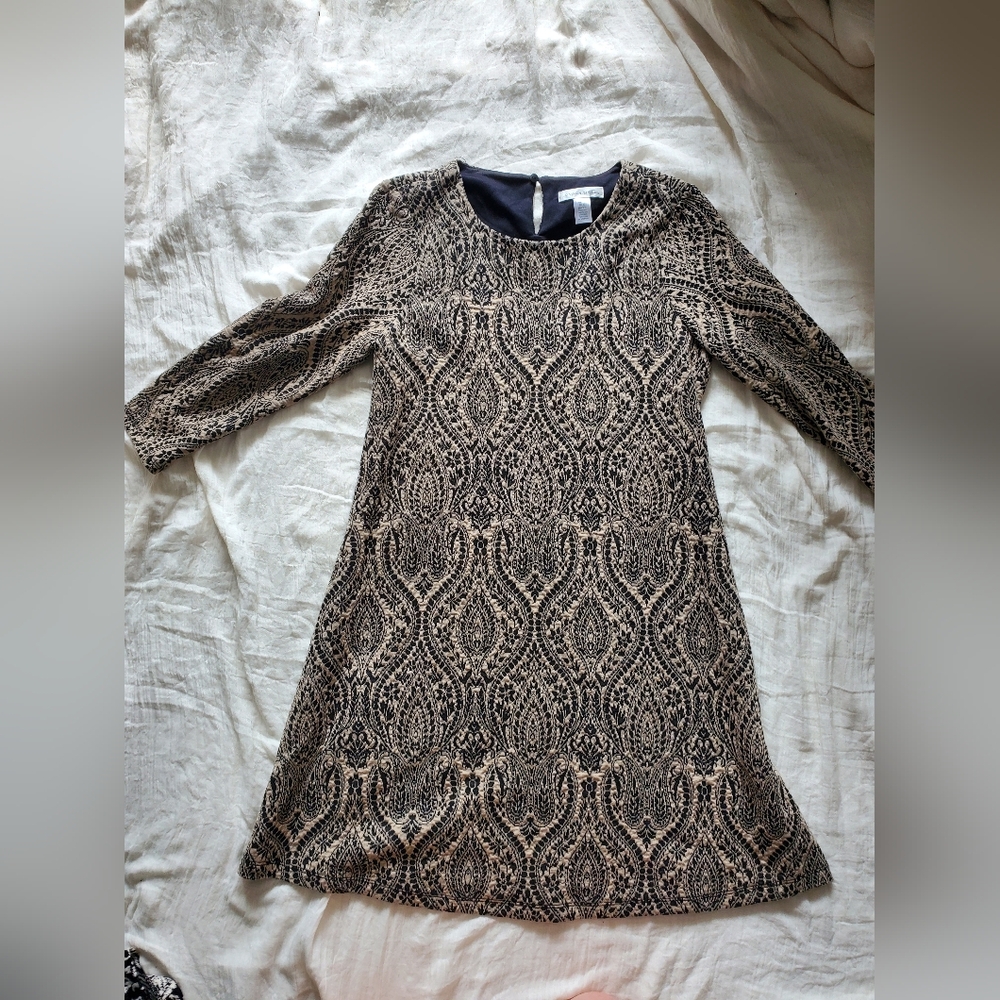 Chic Black and Cream Brocade Long Sleeve Dress London Times Size 10